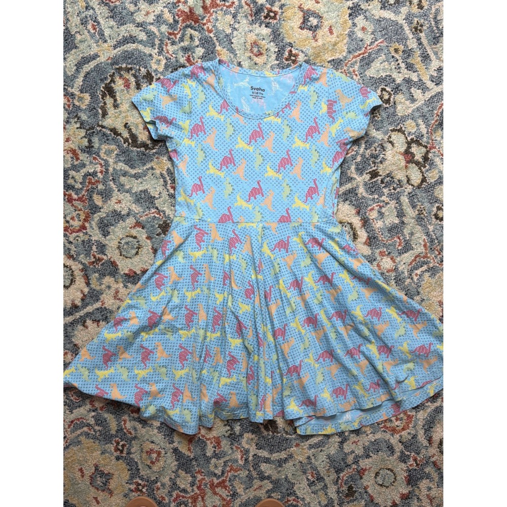 Svaha Dinosaur Skater Dress Girls 9/10 Blue Organic Cotton STEM Print